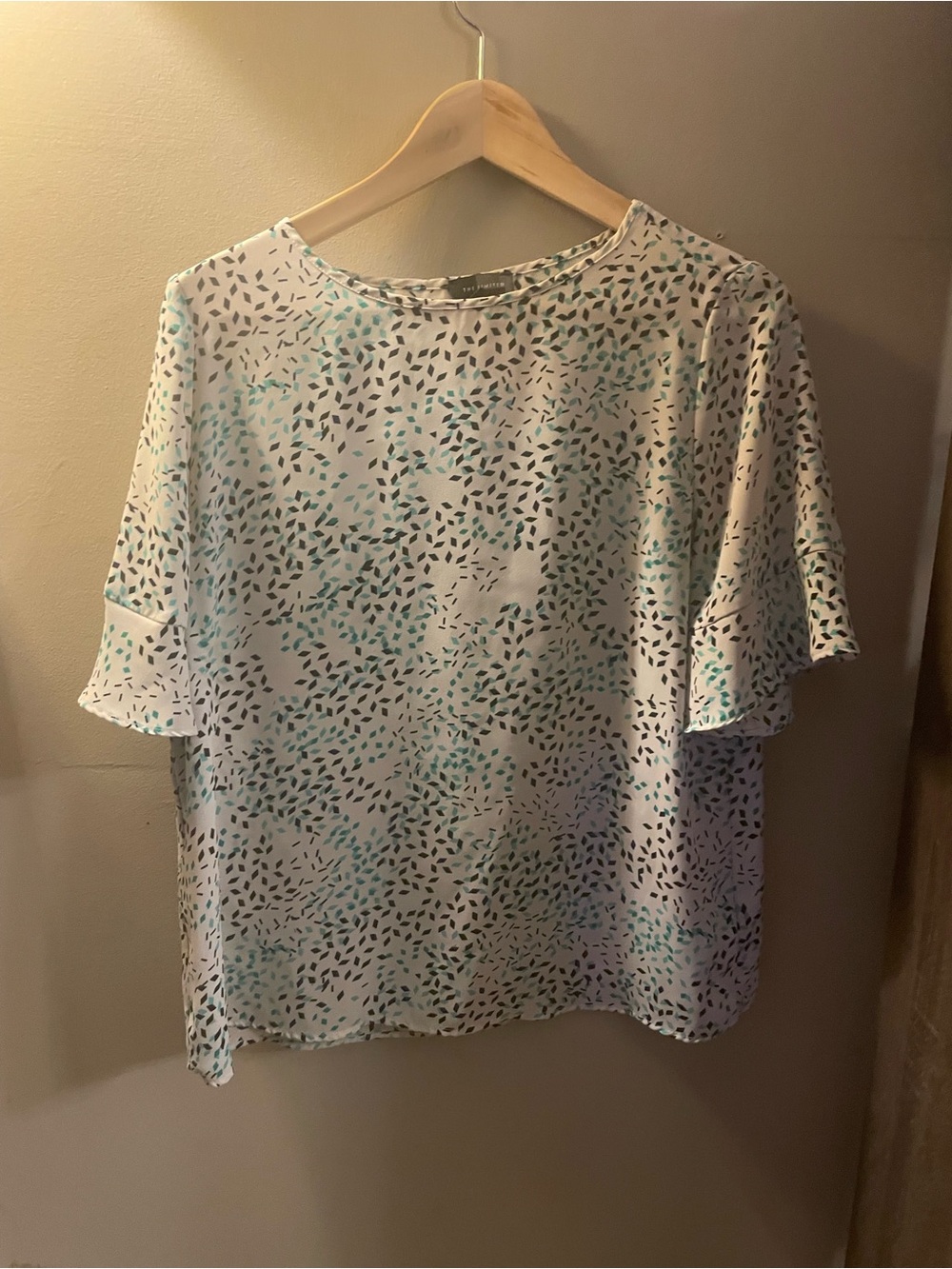The Limited Aqua and White Printed Flutter-Sleeve Top